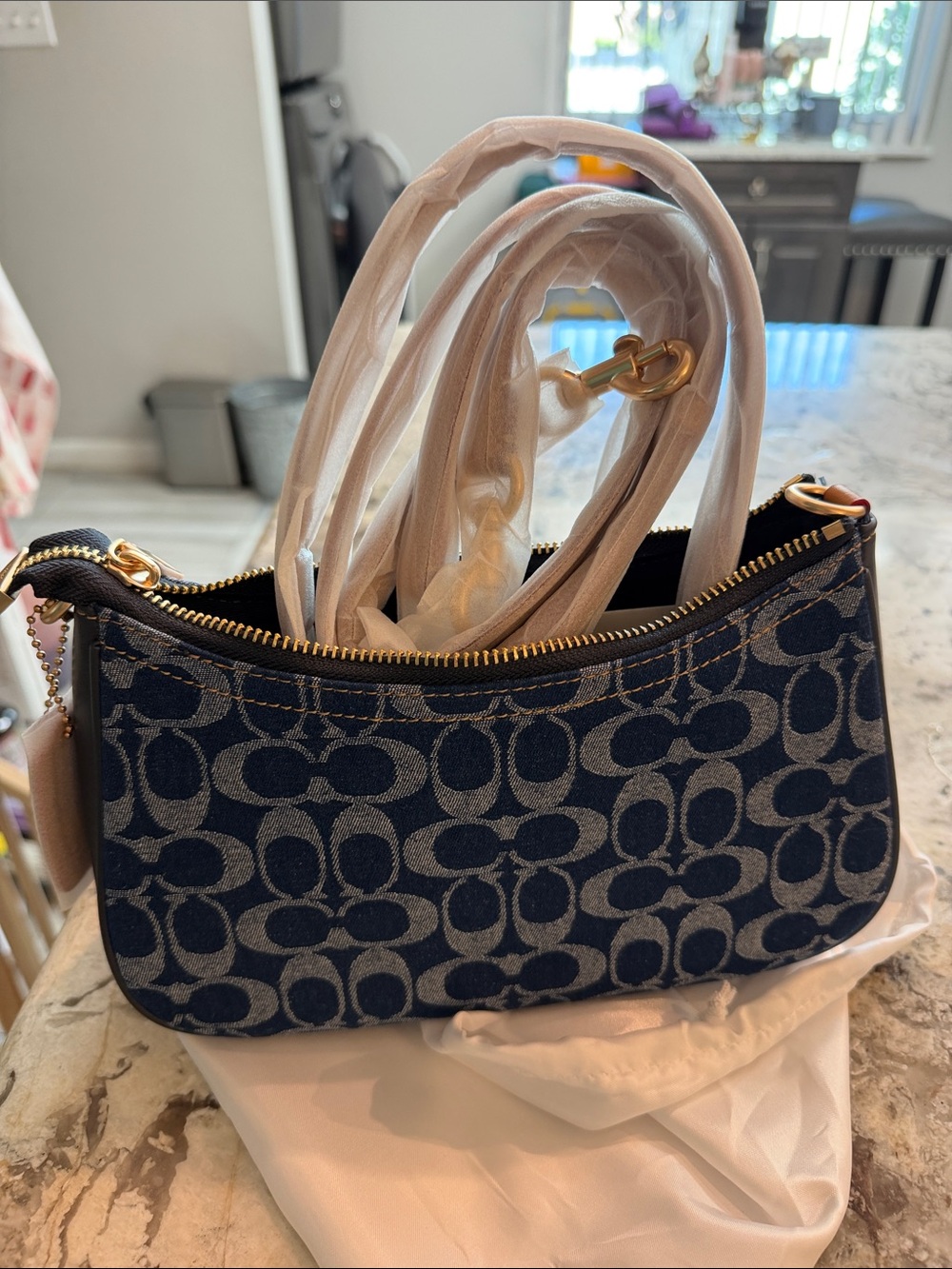 Coach Navy Logo Jacquard Mini Shoulder Bag with Tan Strap - Picture 3 of 5